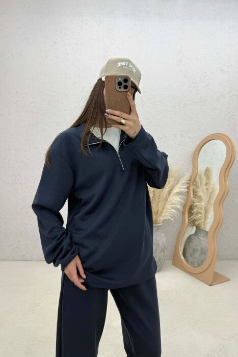 ZIPPER NECK SWEATSHIRT+ SWEATPANTS WOMEN SET DARK BLUE/BEE - 2
