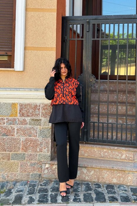 ZIPPER NECK SWEATSHIRT + TROUSERS WOMAN SET BLACK+ORANGE/ZEPO - 1