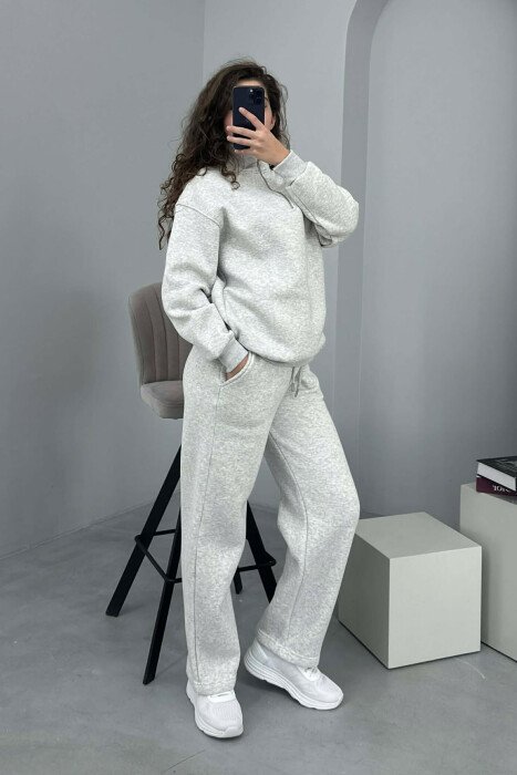 ZIPPER NECK SWEATSHIRT+SWEATPANTS FLUFFY WOMEN SET LIGHT GREY/GZ - KLAUDIO FASHION