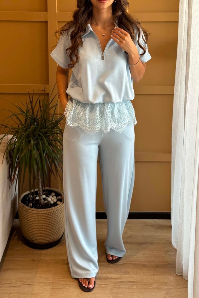 ZIPPER NECK T-SHIRT + TROUSERS WOMAN SET BABY BLUE/BLU BY - 4