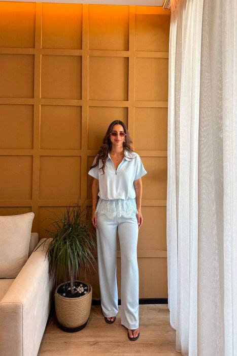 ZIPPER NECK T-SHIRT + TROUSERS WOMAN SET BABY BLUE/BLU BY - 5