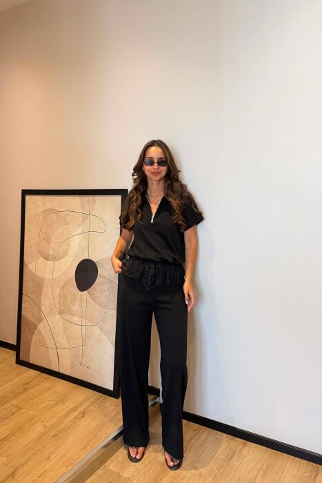 ZIPPER NECK T-SHIRT + TROUSERS WOMAN SET BLACK/ E ZEZE - KLAUDIO FASHION