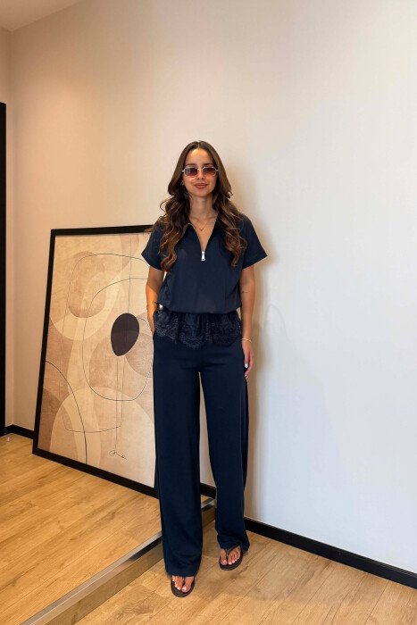 ZIPPER NECK T-SHIRT + TROUSERS WOMAN SET BLUE/BLU - 4