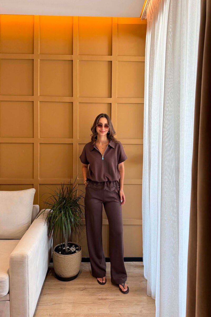 ZIPPER NECK T-SHIRT + TROUSERS WOMAN SET BROWN/KAFE - 5