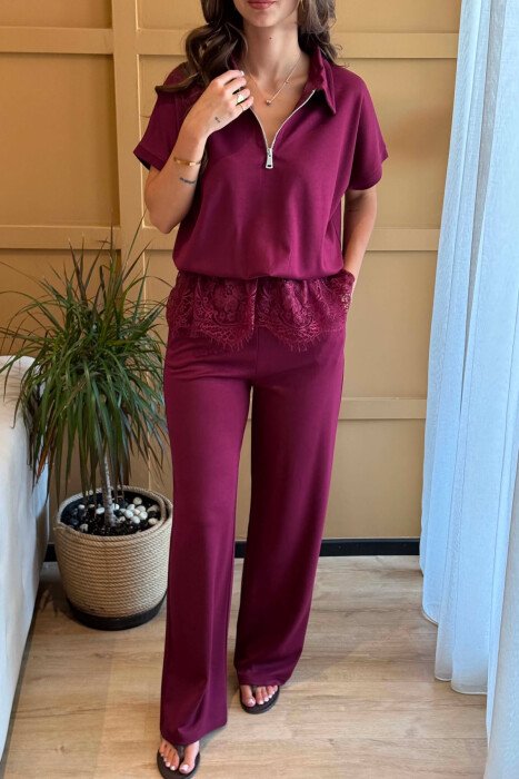 ZIPPER NECK T-SHIRT + TROUSERS WOMAN SET BURGUNDY/VISHNJE - 3