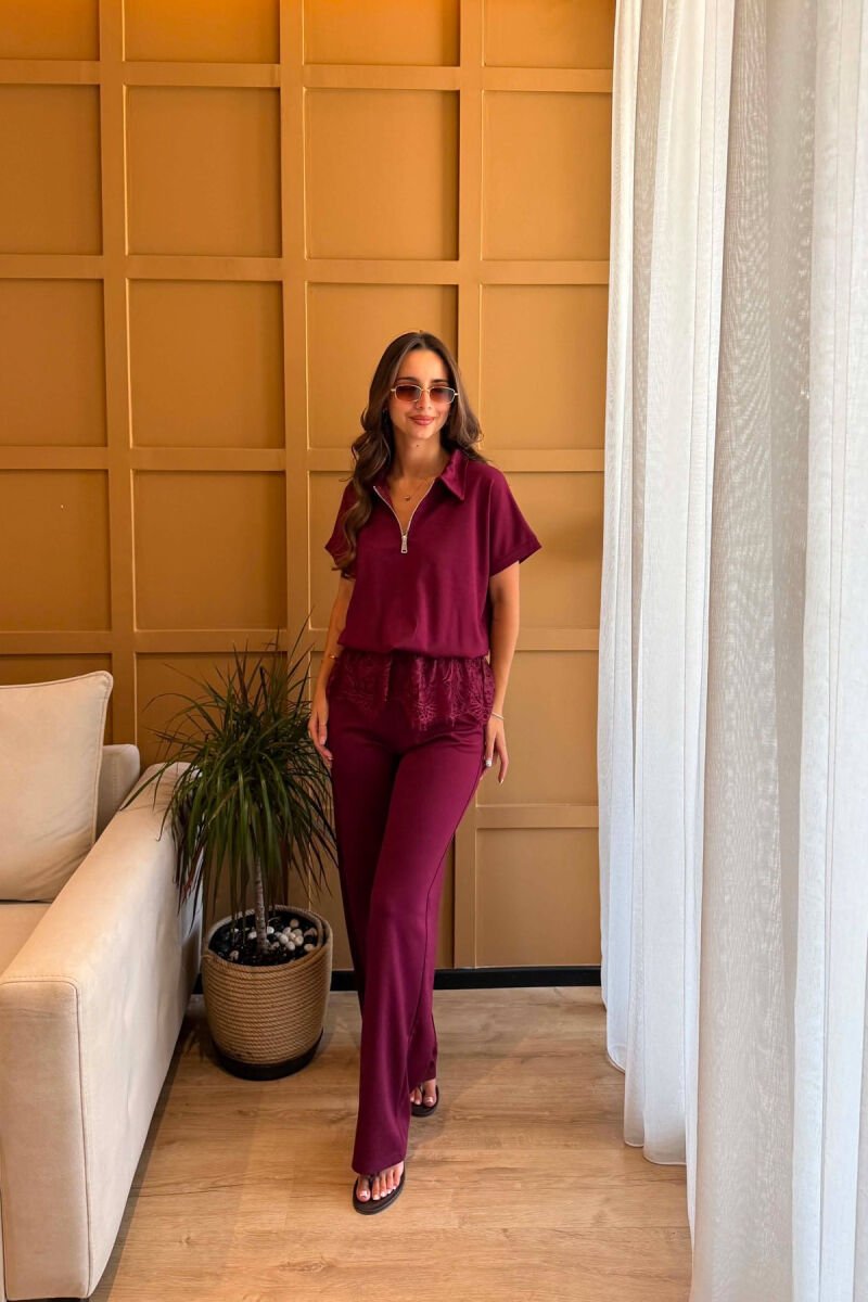 ZIPPER NECK T-SHIRT + TROUSERS WOMAN SET BURGUNDY/VISHNJE - 5