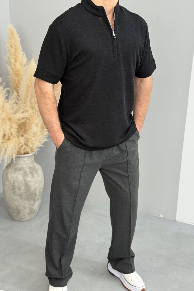 ZIPPER NECK TEXTURED MEN T-SHIRT BLACK/ E ZEZE - 1
