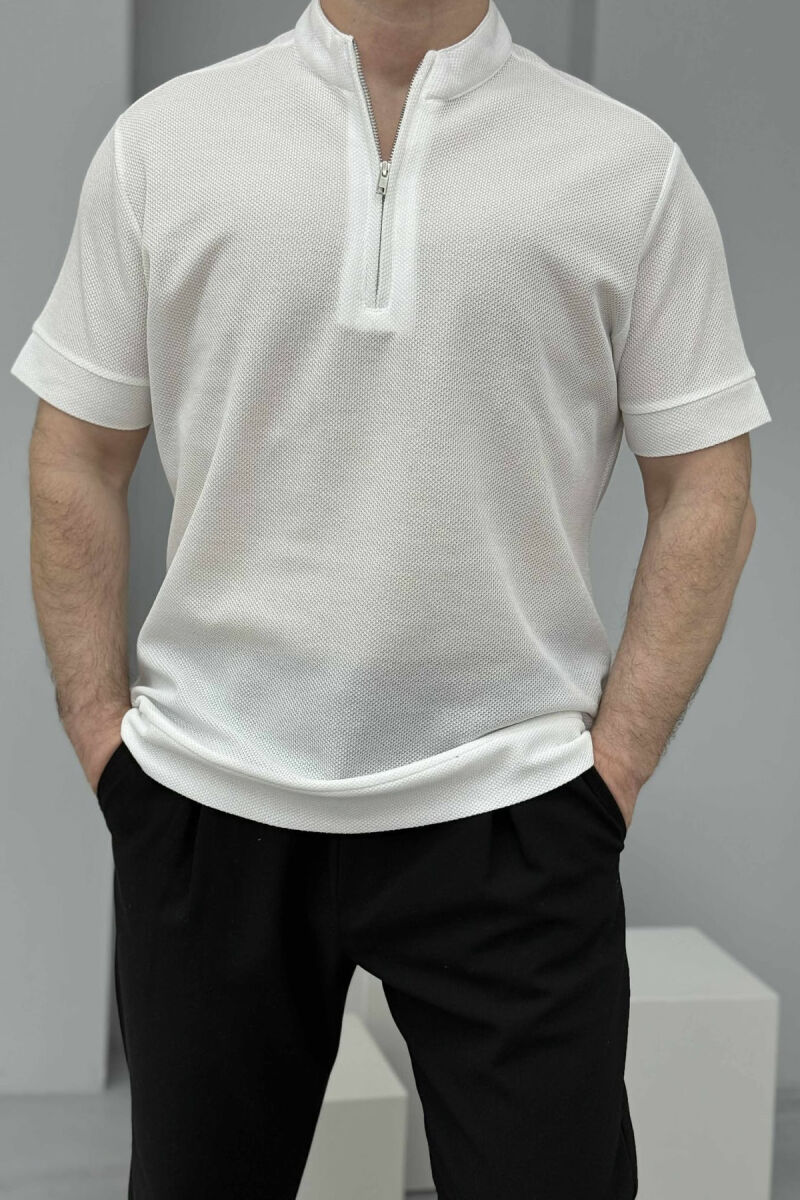 ZIPPER NECK TEXTURED MEN T-SHIRT CREAM/KREM - 3