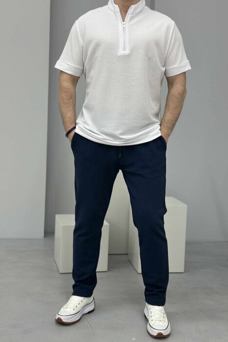 ZIPPER NECK TEXTURED MEN T-SHIRT WHITE-E BARDHE - KLAUDIO FASHION