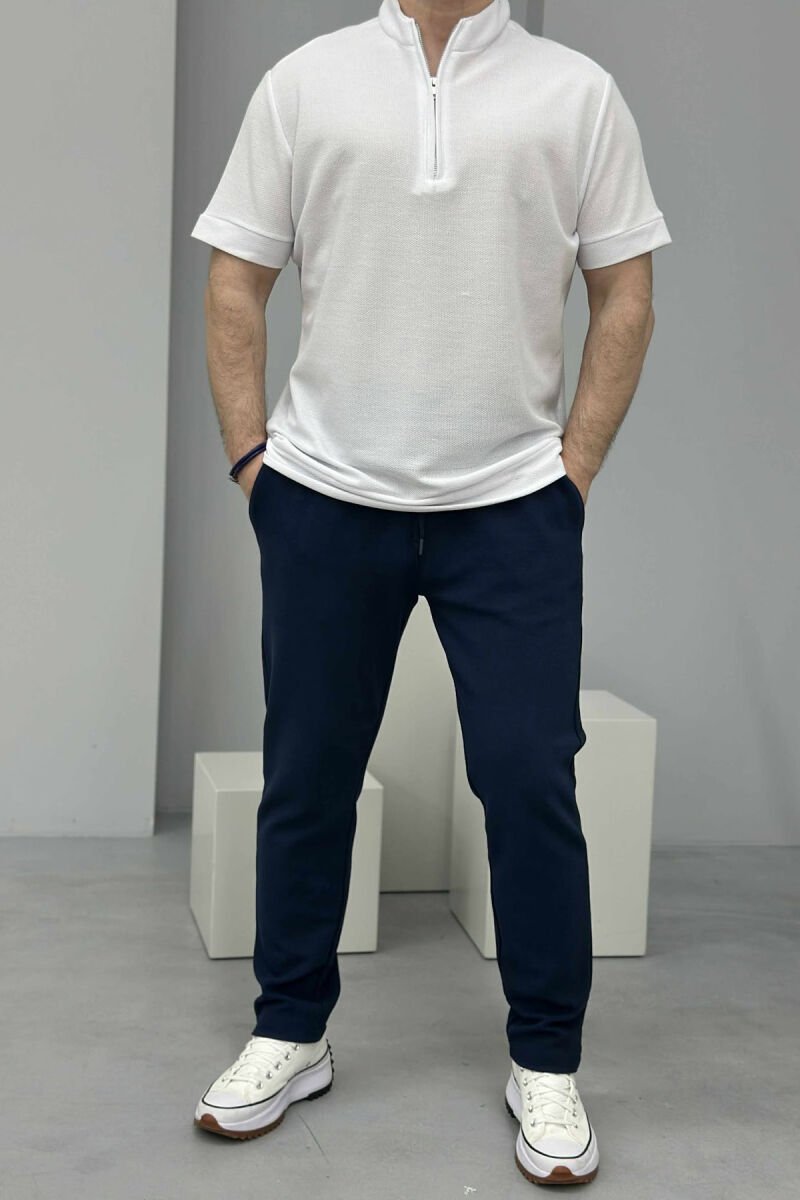 ZIPPER NECK TEXTURED MEN T-SHIRT WHITE-E BARDHE - 1