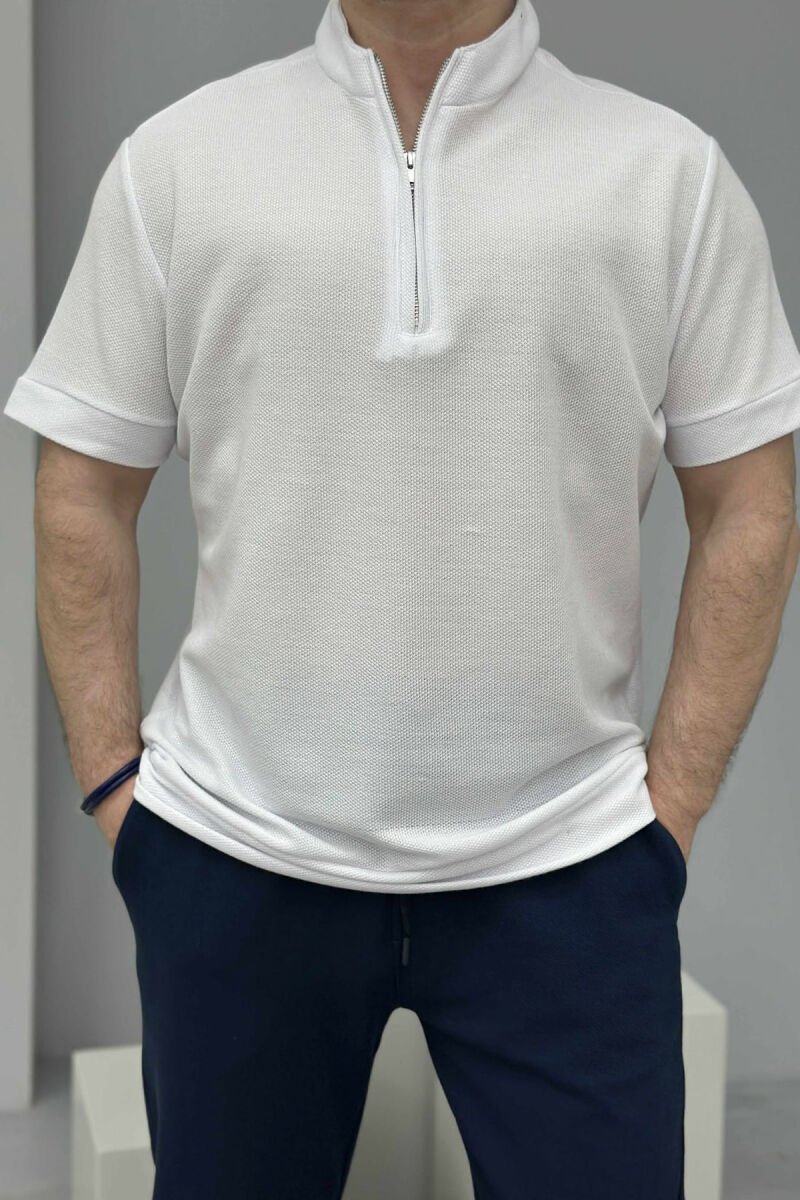 ZIPPER NECK TEXTURED MEN T-SHIRT WHITE-E BARDHE - 3