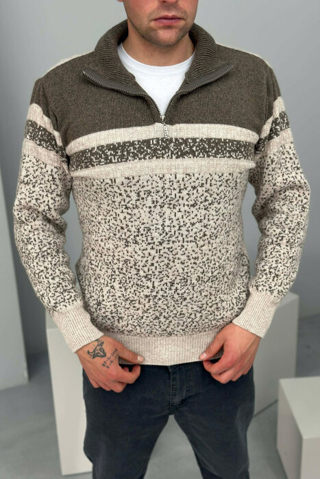 ZIPPER NECK TWO COLORS MEN SWEATER BROWN/KAFE 