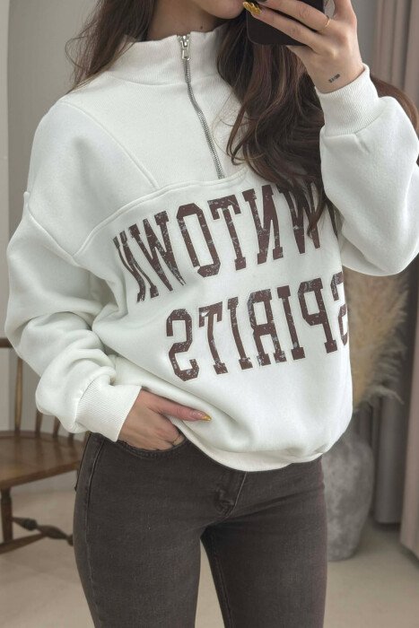 ZIPPER NECK WRITTINGS FLUFFY WOMEN SWEATSHIRT WHITE-E BARDHE - 3