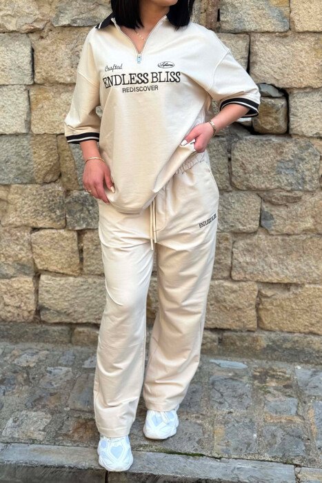 ZIPPER NECK WRITTINGS T-SHIRT + SWEATPANTS WOMAN SET BEIGE/BEZHE - 3