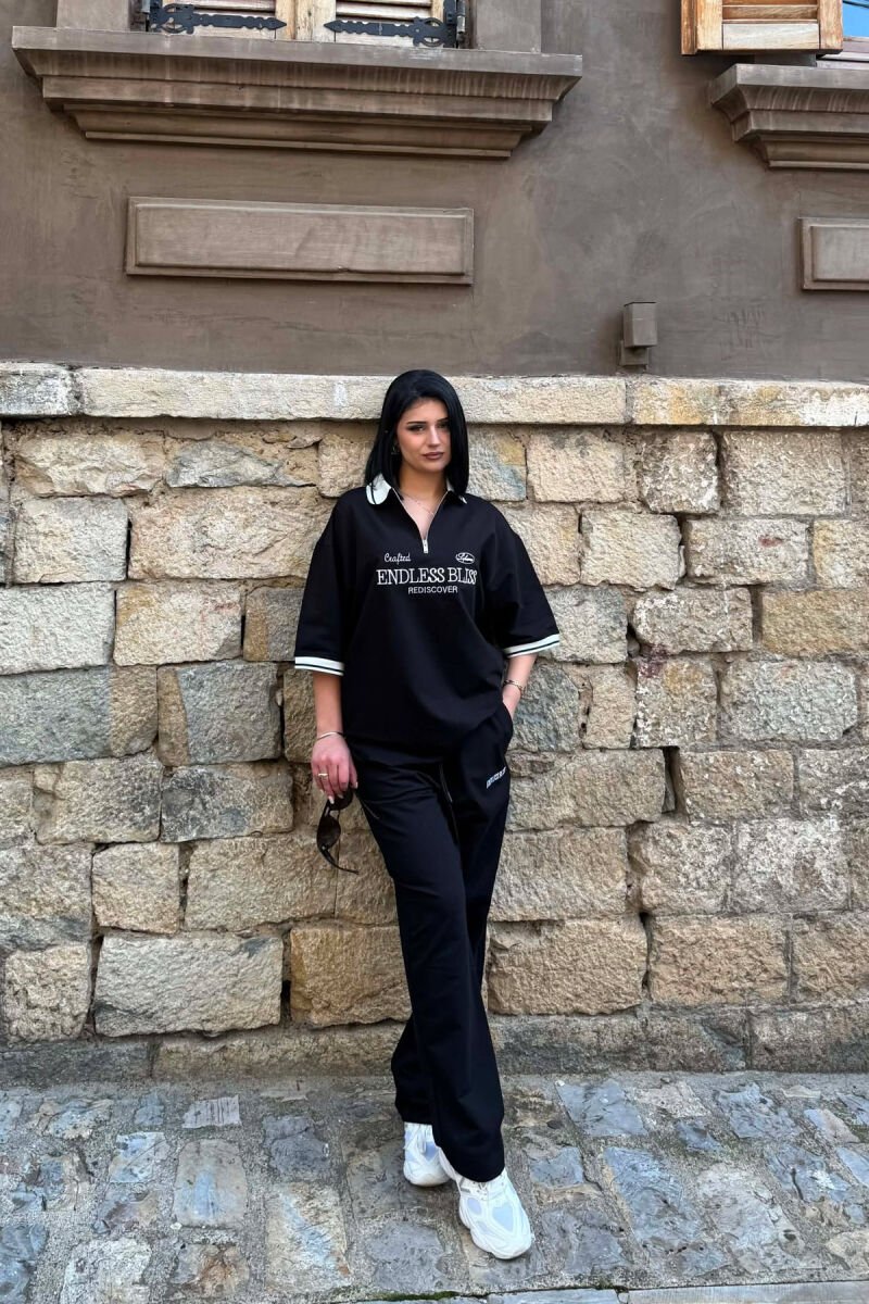 ZIPPER NECK WRITTINGS T-SHIRT + SWEATPANTS WOMAN SET BLACK/ E ZEZE - 1