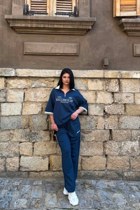 ZIPPER NECK WRITTINGS T-SHIRT + SWEATPANTS WOMAN SET BLUE/BLU - KLAUDIO FASHION