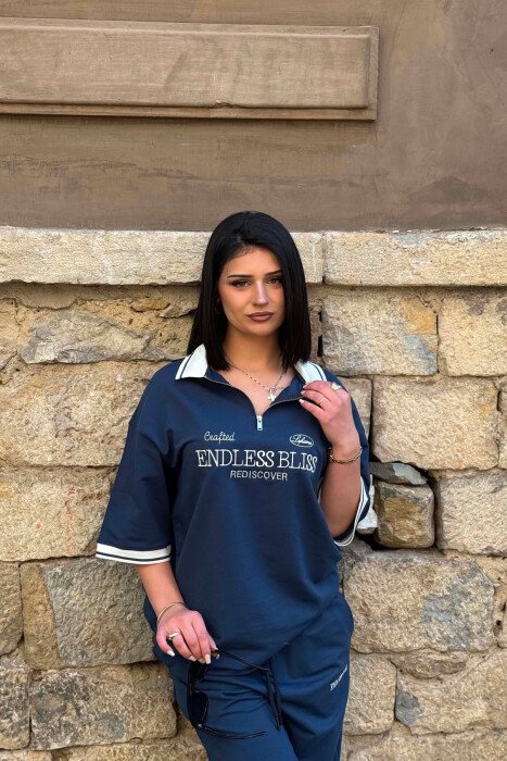 ZIPPER NECK WRITTINGS T-SHIRT + SWEATPANTS WOMAN SET BLUE/BLU - 2