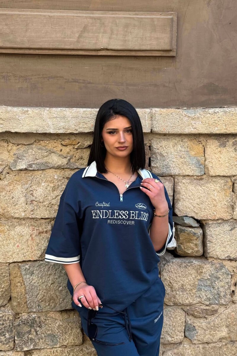 ZIPPER NECK WRITTINGS T-SHIRT + SWEATPANTS WOMAN SET BLUE/BLU - 2