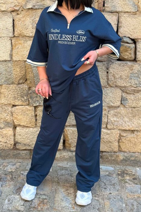 ZIPPER NECK WRITTINGS T-SHIRT + SWEATPANTS WOMAN SET BLUE/BLU - 3