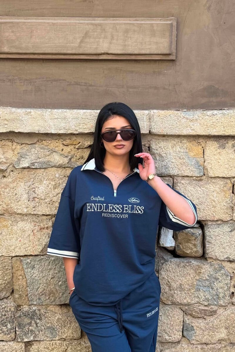 ZIPPER NECK WRITTINGS T-SHIRT + SWEATPANTS WOMAN SET BLUE/BLU - 5