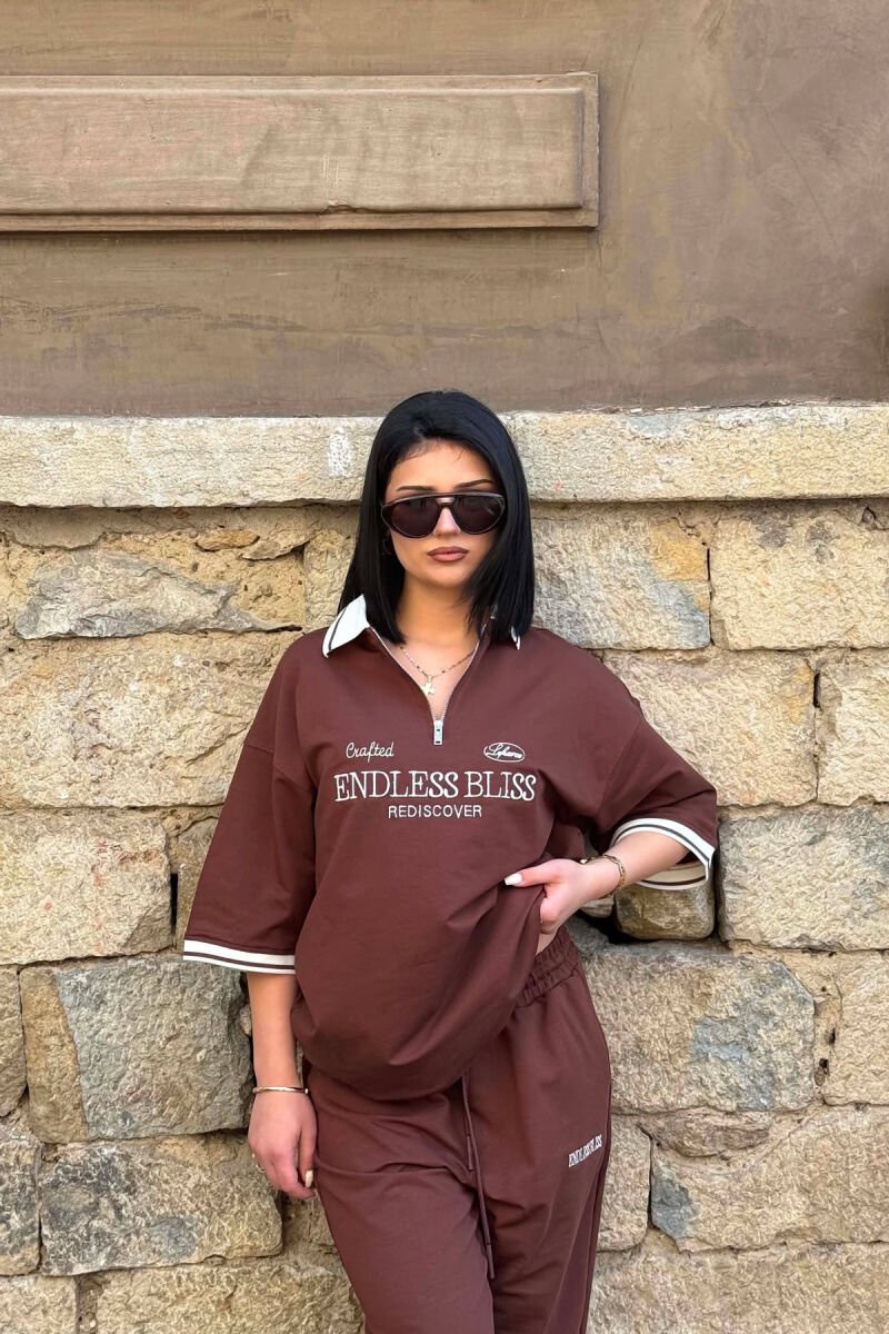 ZIPPER NECK WRITTINGS T-SHIRT + SWEATPANTS WOMAN SET BROWN/KAFE - 2