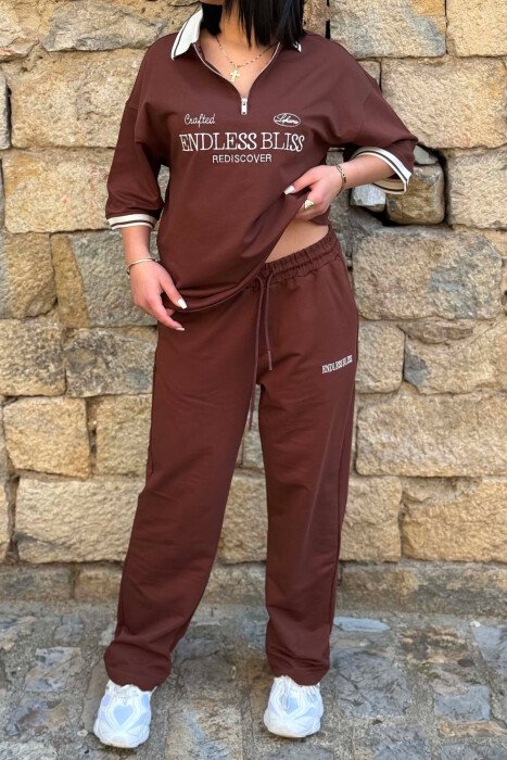 ZIPPER NECK WRITTINGS T-SHIRT + SWEATPANTS WOMAN SET BROWN/KAFE - 3