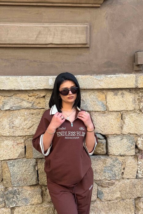 ZIPPER NECK WRITTINGS T-SHIRT + SWEATPANTS WOMAN SET BROWN/KAFE - 4