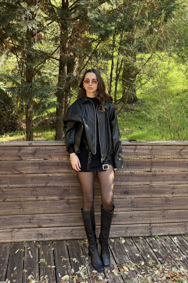 ZIPPER ONE COLOR LEATHER WOMEN JACKET BLACK/ E ZEZE - 1