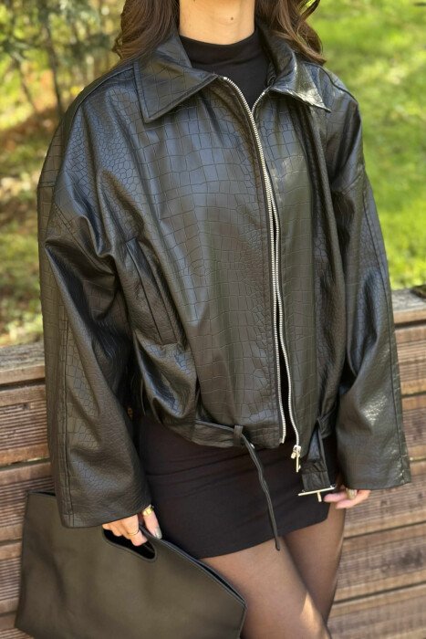 ZIPPER ONE COLOR LEATHER WOMEN JACKET BLACK/ E ZEZE - 4