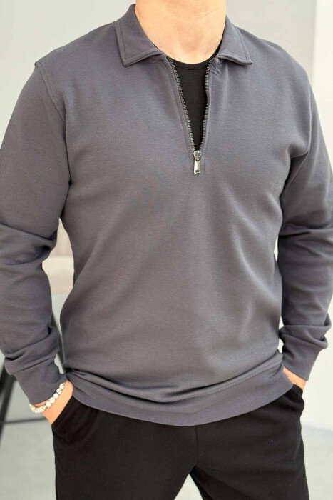 ZIPPER ONE COLOR MEN SWEATSHIRT GREY/GRI - KLAUDIO FASHION