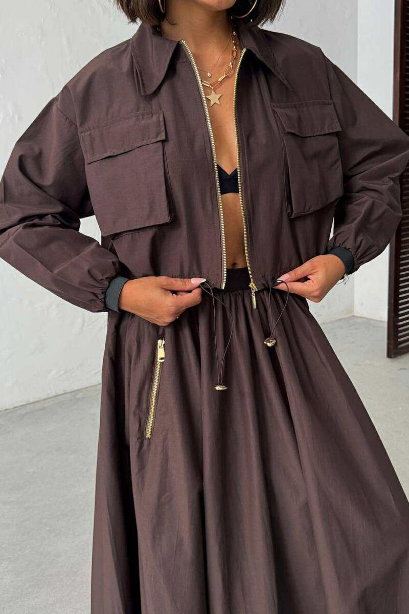 ZIPPER ONE COLOR POCKETS DETAIL WOMEN SHIRT BROWN/KAFE - 1