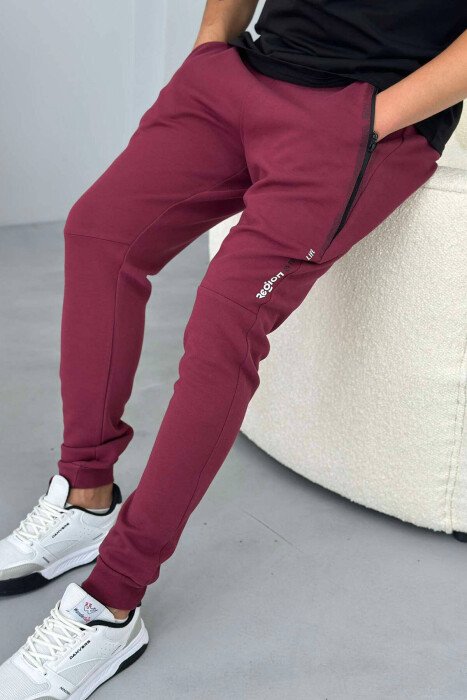 ZIPPER POCKET COTTON MEN SWEATPANTS BURGUNDY/VISHNJE - 1