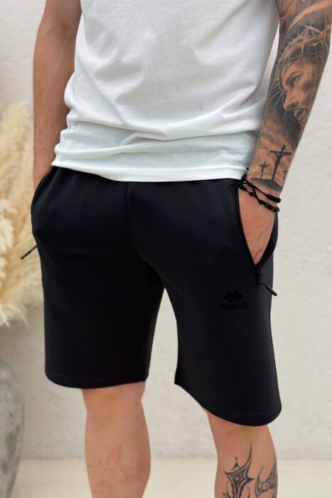 ZIPPER POCKETS ONE COLOR MEN SHORT SWEATPANTS GLOSSY BLACK-ZEZE SHKELQIM - 2