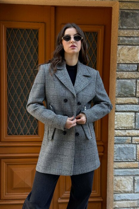 ZIPPER POCKETS PLAID WOMEN COAT GREY/GRI - 1