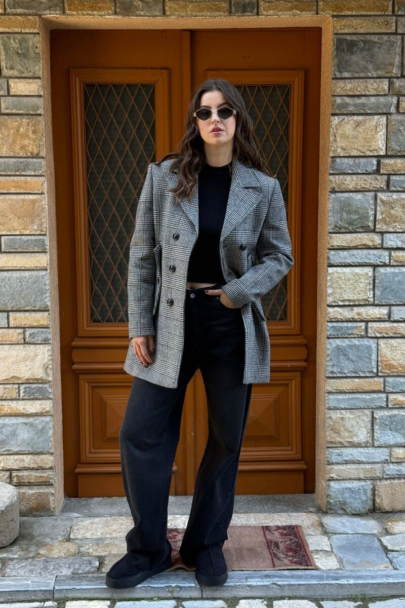 ZIPPER POCKETS PLAID WOMEN COAT GREY/GRI - 2
