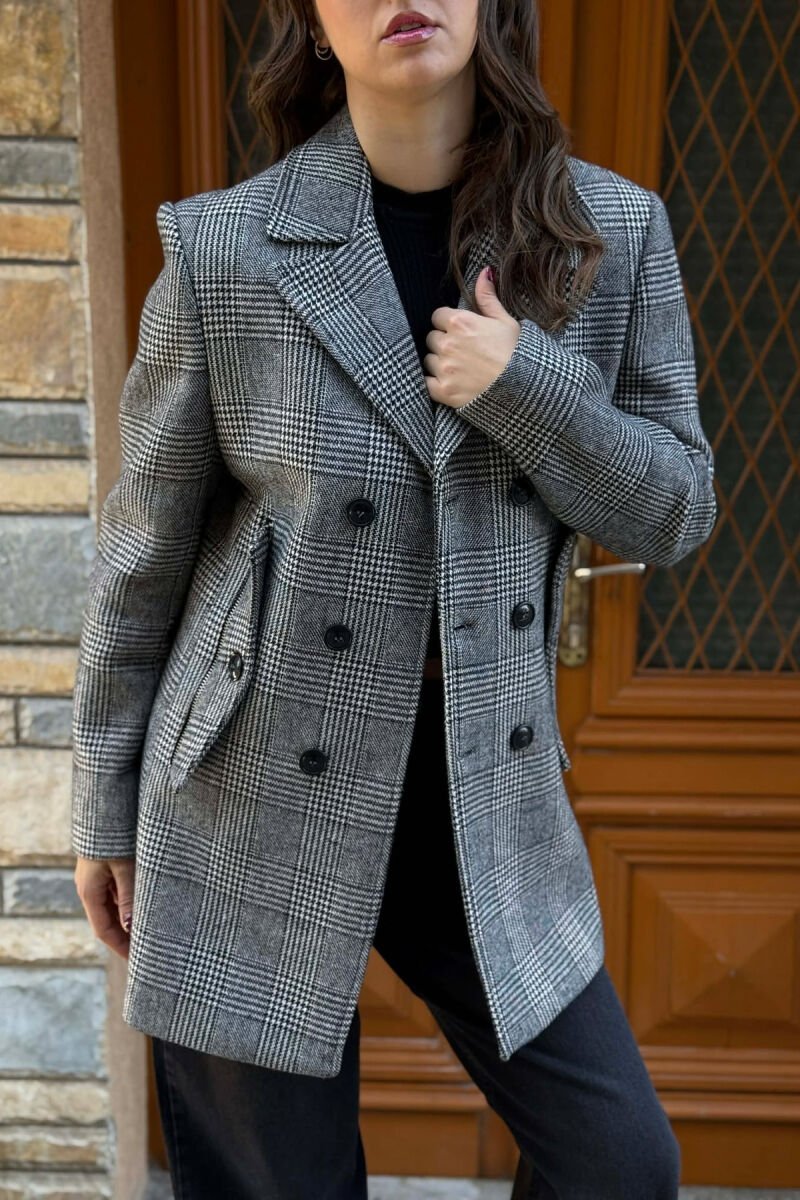 ZIPPER POCKETS PLAID WOMEN COAT GREY/GRI - 4