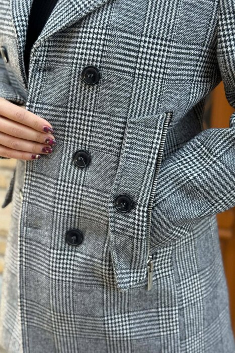 ZIPPER POCKETS PLAID WOMEN COAT GREY/GRI - 5