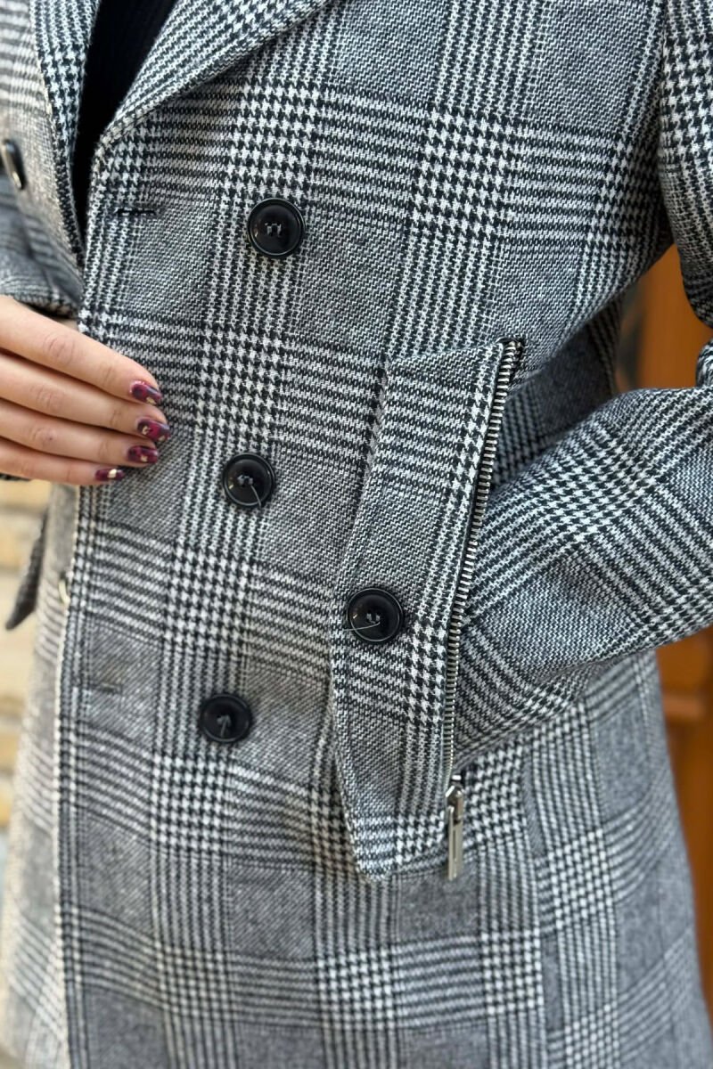 ZIPPER POCKETS PLAID WOMEN COAT GREY/GRI - 5