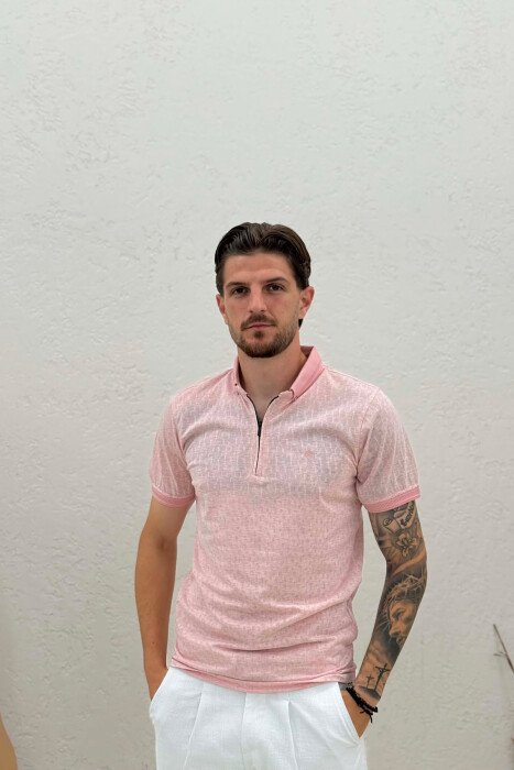 ZIPPER POLO NECK MEN T-SHIRT POWDER/PUDER - KLAUDIO FASHION