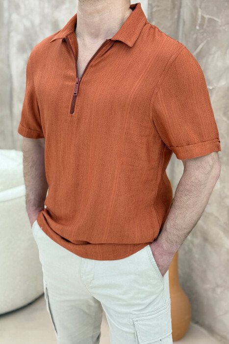 ZIPPER POLO NECK ONE COLOR MEN T-SHIRT BRICK/TULLE - 1