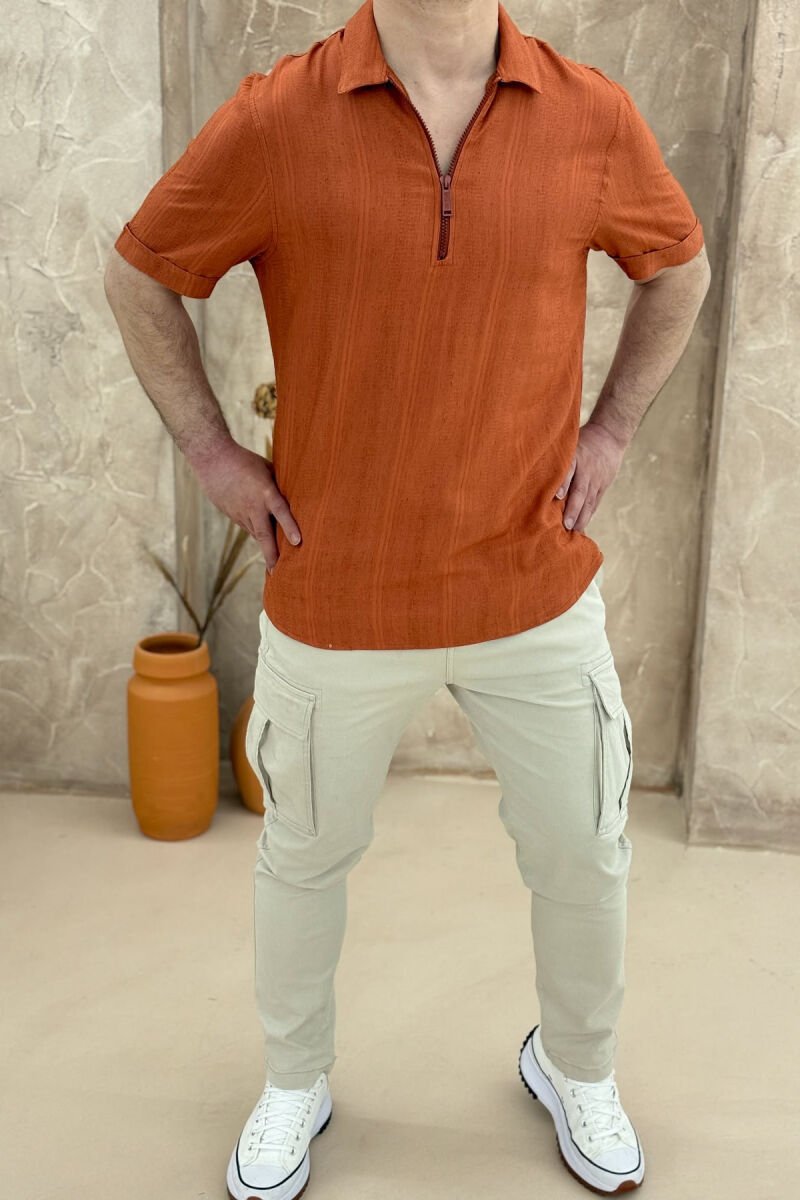 ZIPPER POLO NECK ONE COLOR MEN T-SHIRT BRICK/TULLE - 2