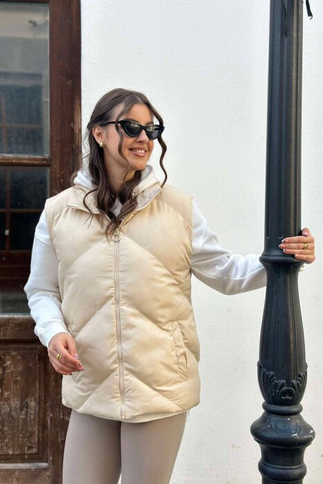 ZIPPER ONE COLOR WOMEN VEST CREAM/KREM - 1