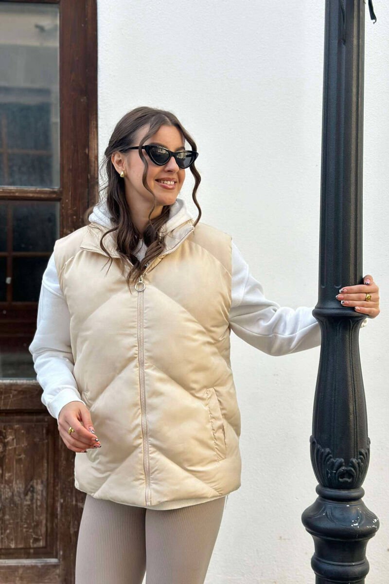 ZIPPER ONE COLOR WOMEN VEST CREAM/KREM - 1