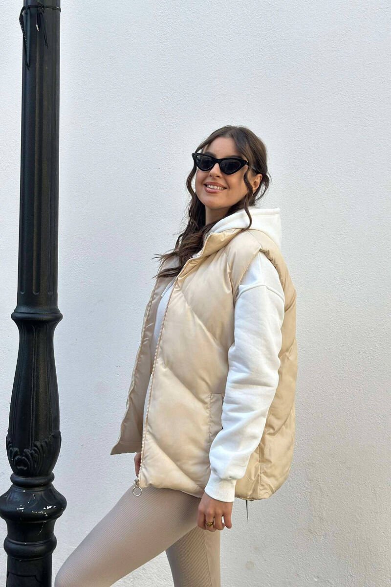 ZIPPER ONE COLOR WOMEN VEST CREAM/KREM - 2