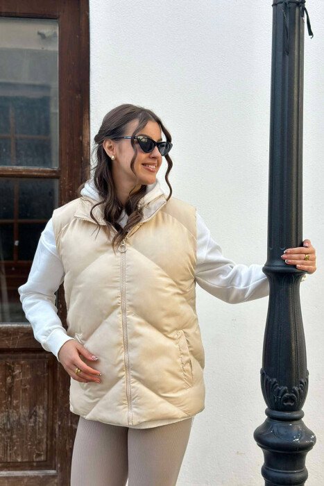 ZIPPER ONE COLOR WOMEN VEST CREAM/KREM - 3