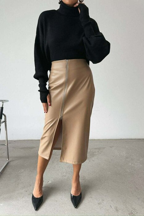 ZIPPERED LONG LEATHER WOMEN SKIRT BEIGE/BEZHE - KLAUDIO FASHION