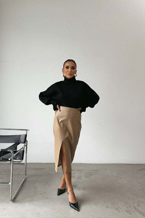 ZIPPERED LONG LEATHER WOMEN SKIRT BEIGE/BEZHE - 2