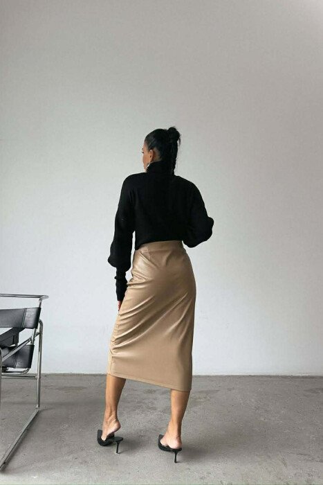 ZIPPERED LONG LEATHER WOMEN SKIRT BEIGE/BEZHE - 4