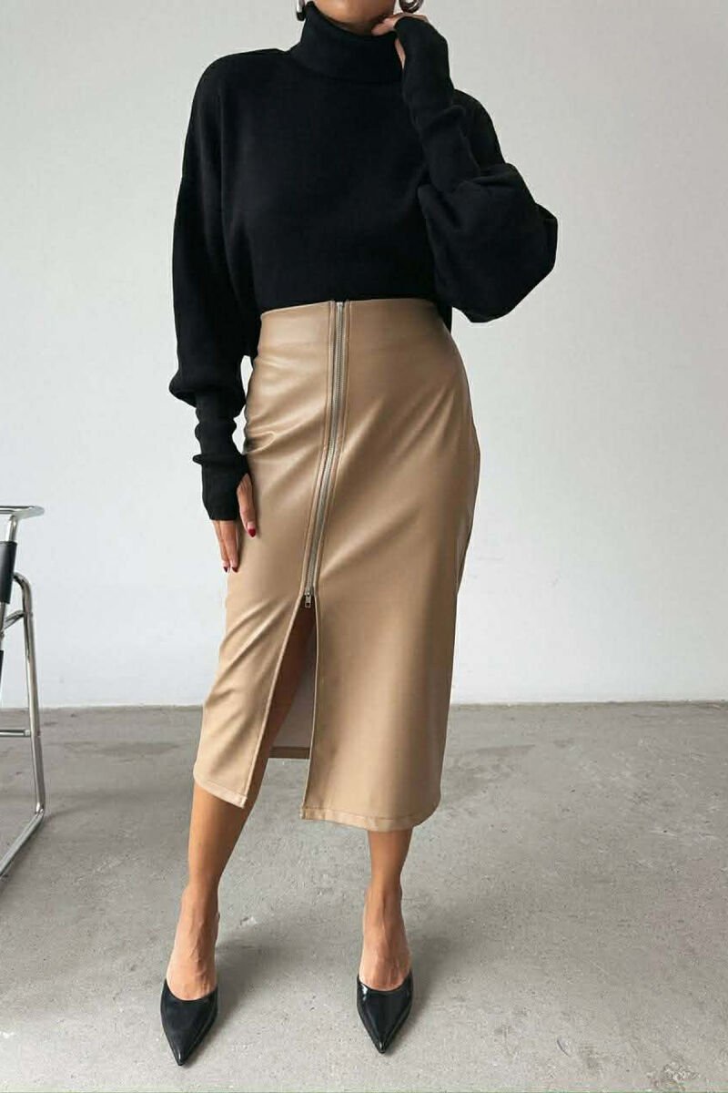 ZIPPERED LONG LEATHER WOMEN SKIRT BEIGE/BEZHE - 1