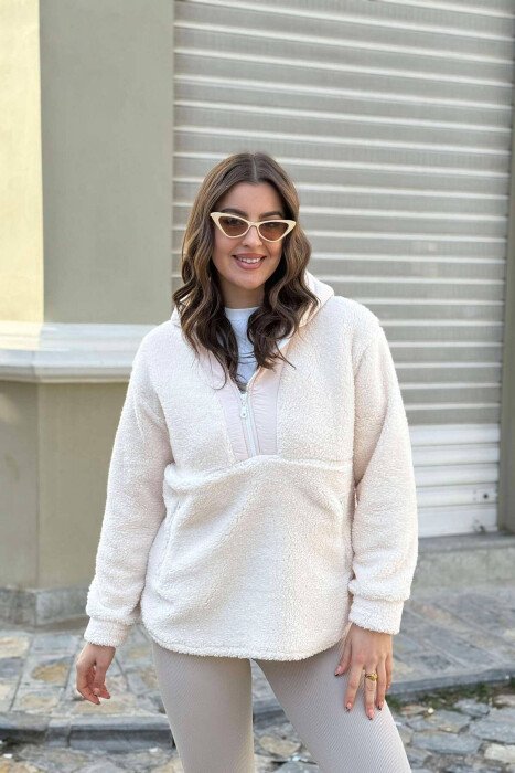 ZIPPERED POLAR WOMEN HOODIE CREAM/KREM - KLAUDIO FASHION